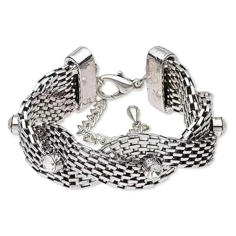 Retro 50s Style Glam Antique Silver Lantern Chain Crystal Rhinestone Bracelet